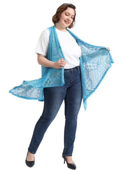 Chaleco tipo cárdigan tipo chal sin mangas con abertura frontal de crochet estilo bohemio de talla grande, azul