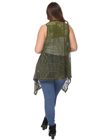 Plus Size Boho Open Front Crochet Cover Up Sleeveless Shawl Cardigan Vest, Olive Green