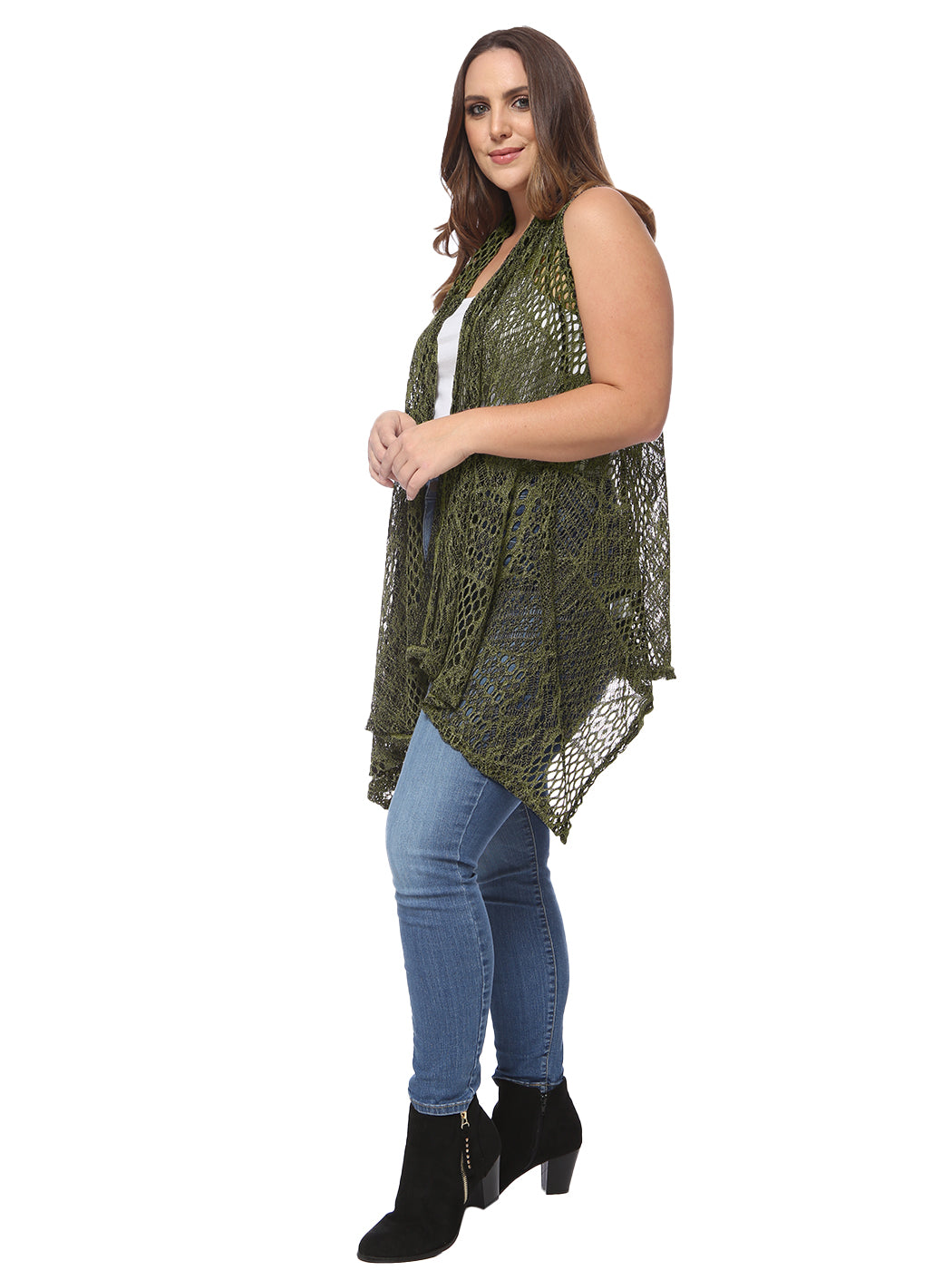 Plus Size Boho Open Front Crochet Cover Up Sleeveless Shawl Cardigan Vest, Olive Green