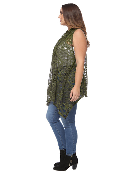 Plus Size Boho Open Front Crochet Cover Up Sleeveless Shawl Cardigan Vest, Olive Green