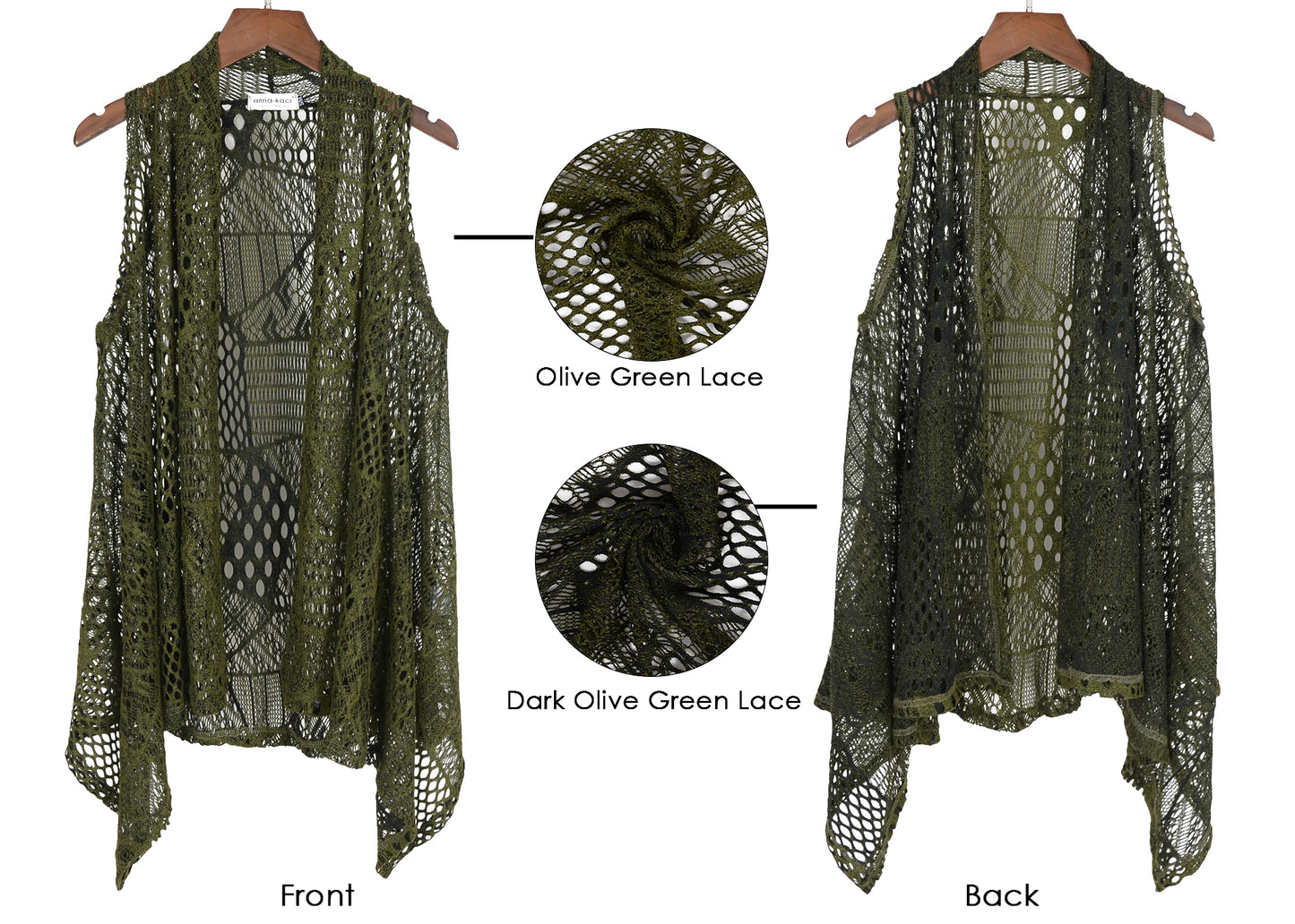 Plus Size Boho Open Front Crochet Cover Up Sleeveless Shawl Cardigan Vest, Olive Green