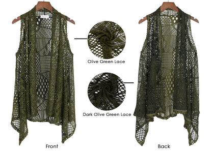 Plus Size Boho Open Front Crochet Cover Up Sleeveless Shawl Cardigan Vest, Olive Green