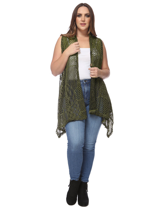 Plus Size Boho Open Front Crochet Cover Up Sleeveless Shawl Cardigan Vest, Olive Green