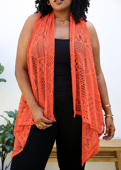 Chaleco tipo cárdigan tipo chal sin mangas con abertura frontal de crochet estilo bohemio de talla grande, color naranja