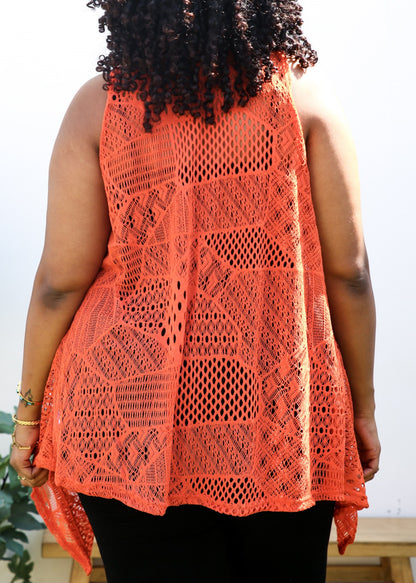 Chaleco tipo cárdigan tipo chal sin mangas con abertura frontal de crochet estilo bohemio de talla grande, color naranja