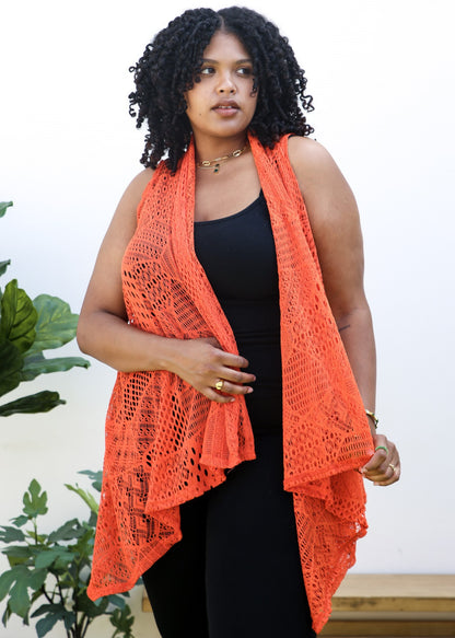 Chaleco tipo cárdigan tipo chal sin mangas con abertura frontal de crochet estilo bohemio de talla grande, color naranja