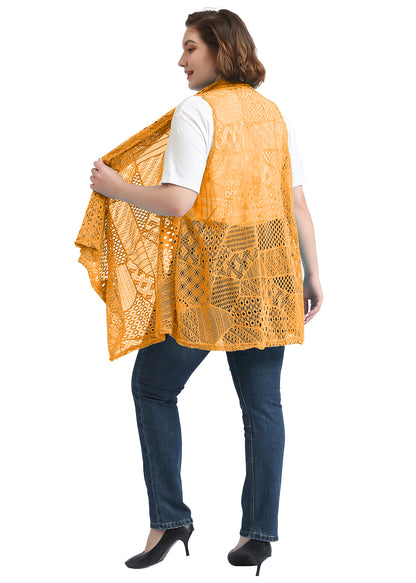 Chaleco tipo cárdigan tipo chal sin mangas con abertura frontal de crochet estilo bohemio de talla grande, amarillo