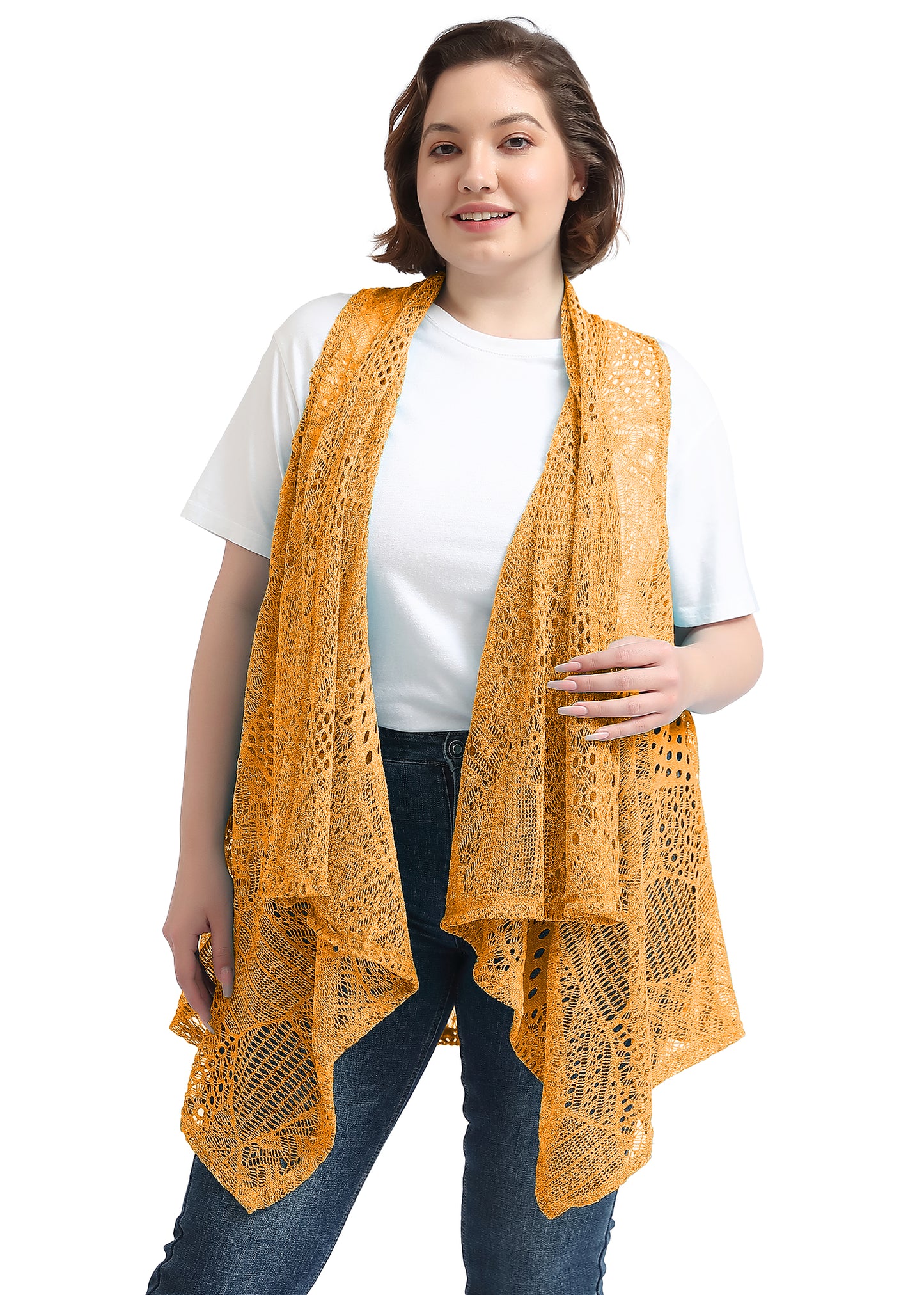 Chaleco tipo cárdigan tipo chal sin mangas con abertura frontal de crochet estilo bohemio de talla grande, amarillo