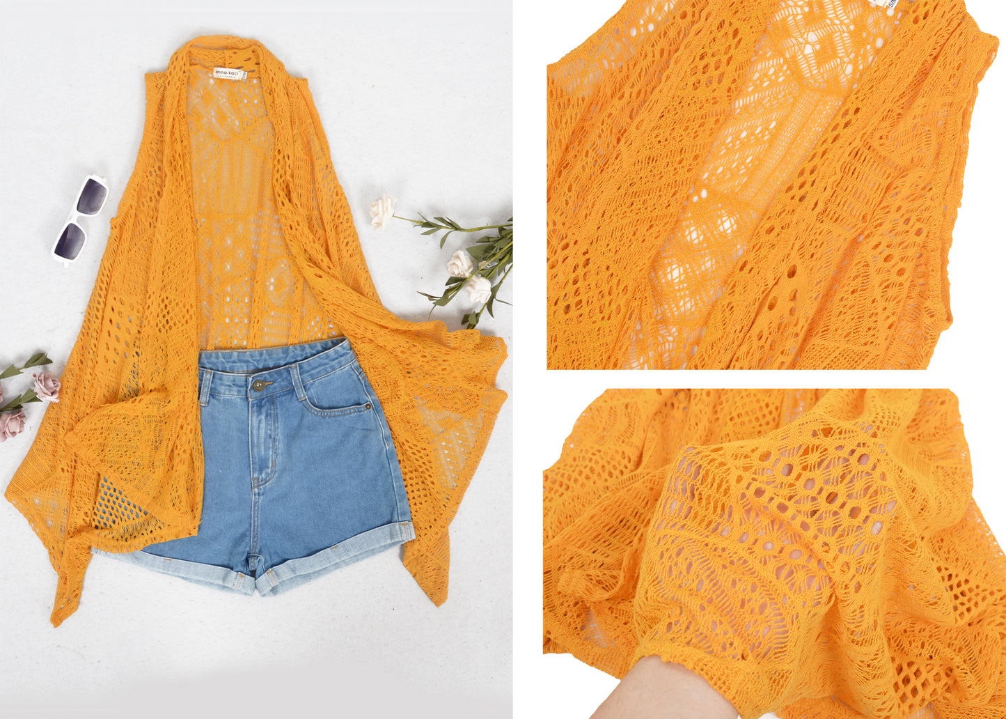 Chaleco tipo cárdigan tipo chal sin mangas con abertura frontal de crochet estilo bohemio de talla grande, amarillo