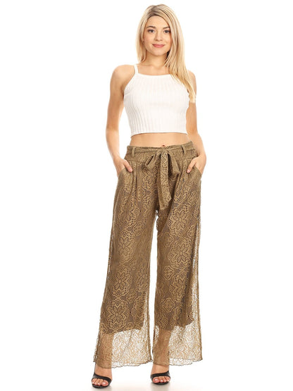 Anna-Kaci Womens Crochet Lace Boho Wide Leg High Waist Palazzo Trouser Pants