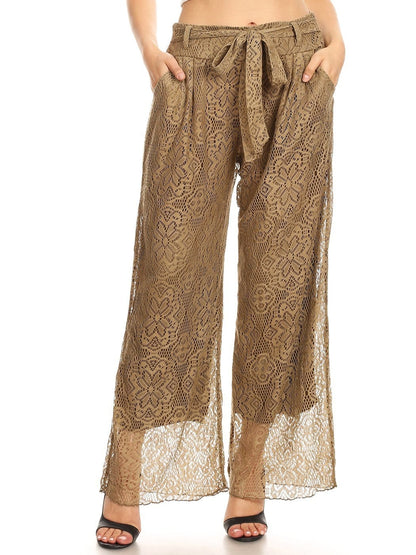 Anna-Kaci Womens Crochet Lace Boho Wide Leg High Waist Palazzo Trouser Pants