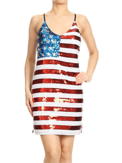 Spaghetti Strap Sleeveless USA American Flag Patriotic Sequin Dress