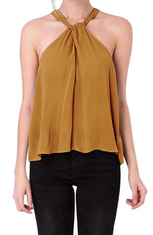 Sleeveless Halter Neck Top with Twist and Buckle