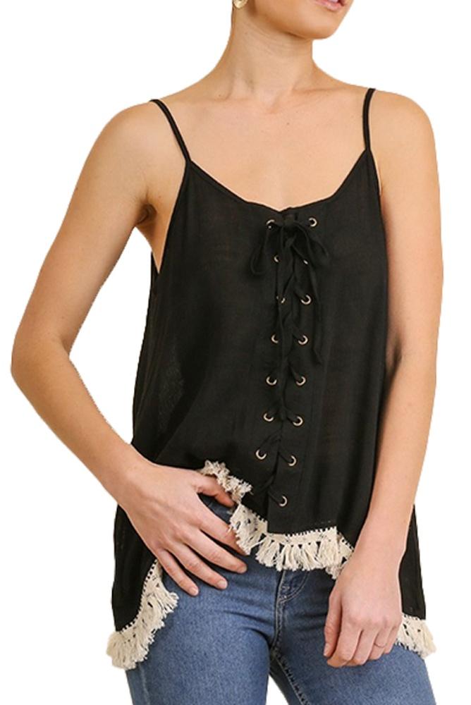 Anna Kaci Womens Casual Drape Tassel Hem Sleeveless Bohemian Peasant Cami Top