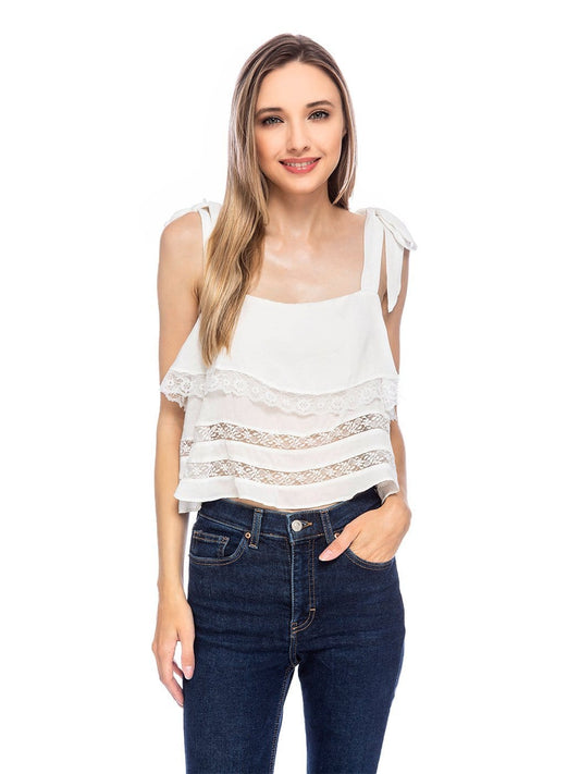 White Lace Tie Strap Crop Top