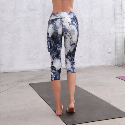 Leggings capri elásticos de cintura alta con estampado azul y blanco para yoga y gimnasio