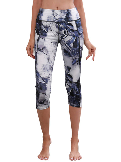 Leggings capri elásticos de cintura alta con estampado azul y blanco para yoga y gimnasio