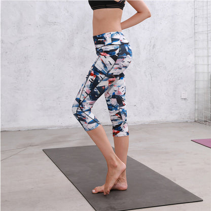 Leggings capri elásticos de cintura alta con estampado azul y blanco para yoga y gimnasio