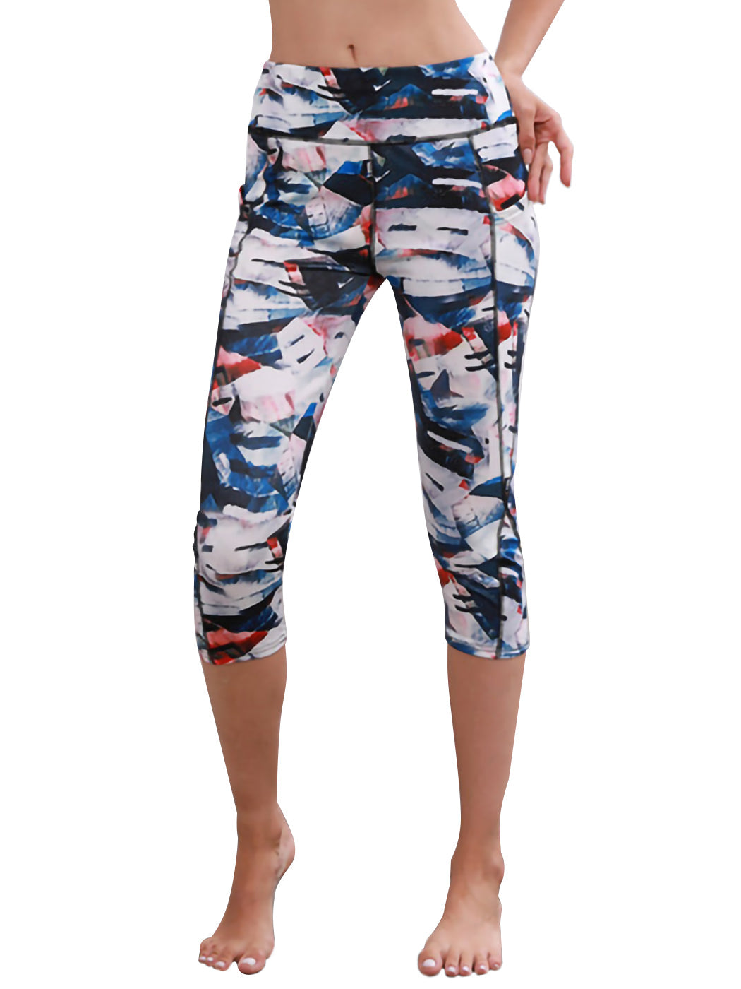 Leggings capri elásticos de cintura alta con estampado azul y blanco para yoga y gimnasio