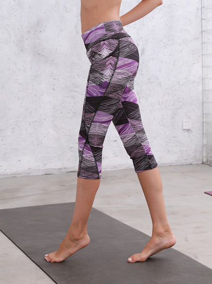 Leggings capri elásticos de cintura alta con estampado azul y blanco para yoga y gimnasio