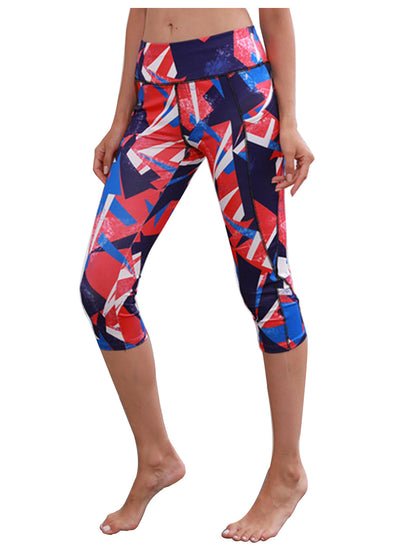 Leggings capri elásticos de cintura alta con estampado azul y blanco para yoga y gimnasio