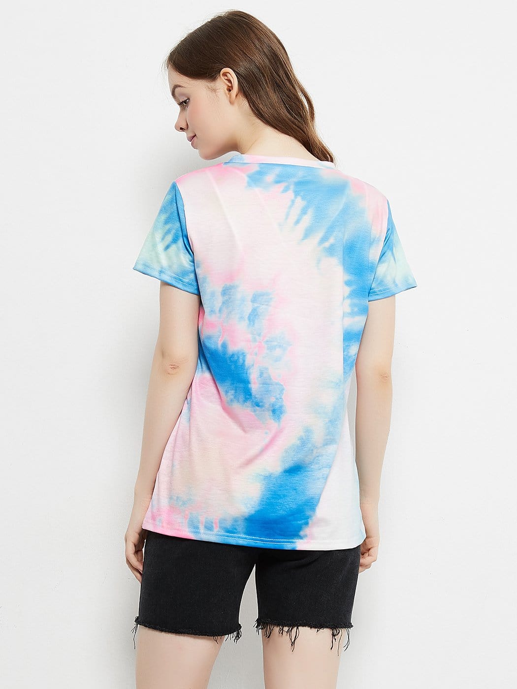 Tie Dye Printed Stripe V-Neck Stretch Short Sleeve Casual Loose Tops T-shirts