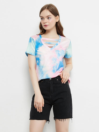 Tie Dye Printed Stripe V-Neck Stretch Short Sleeve Casual Loose Tops T-shirts