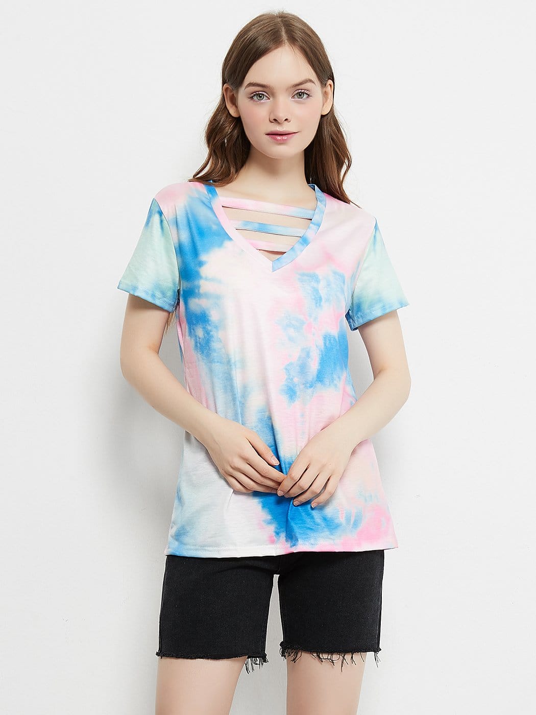 Tie Dye Printed Stripe V-Neck Stretch Short Sleeve Casual Loose Tops T-shirts