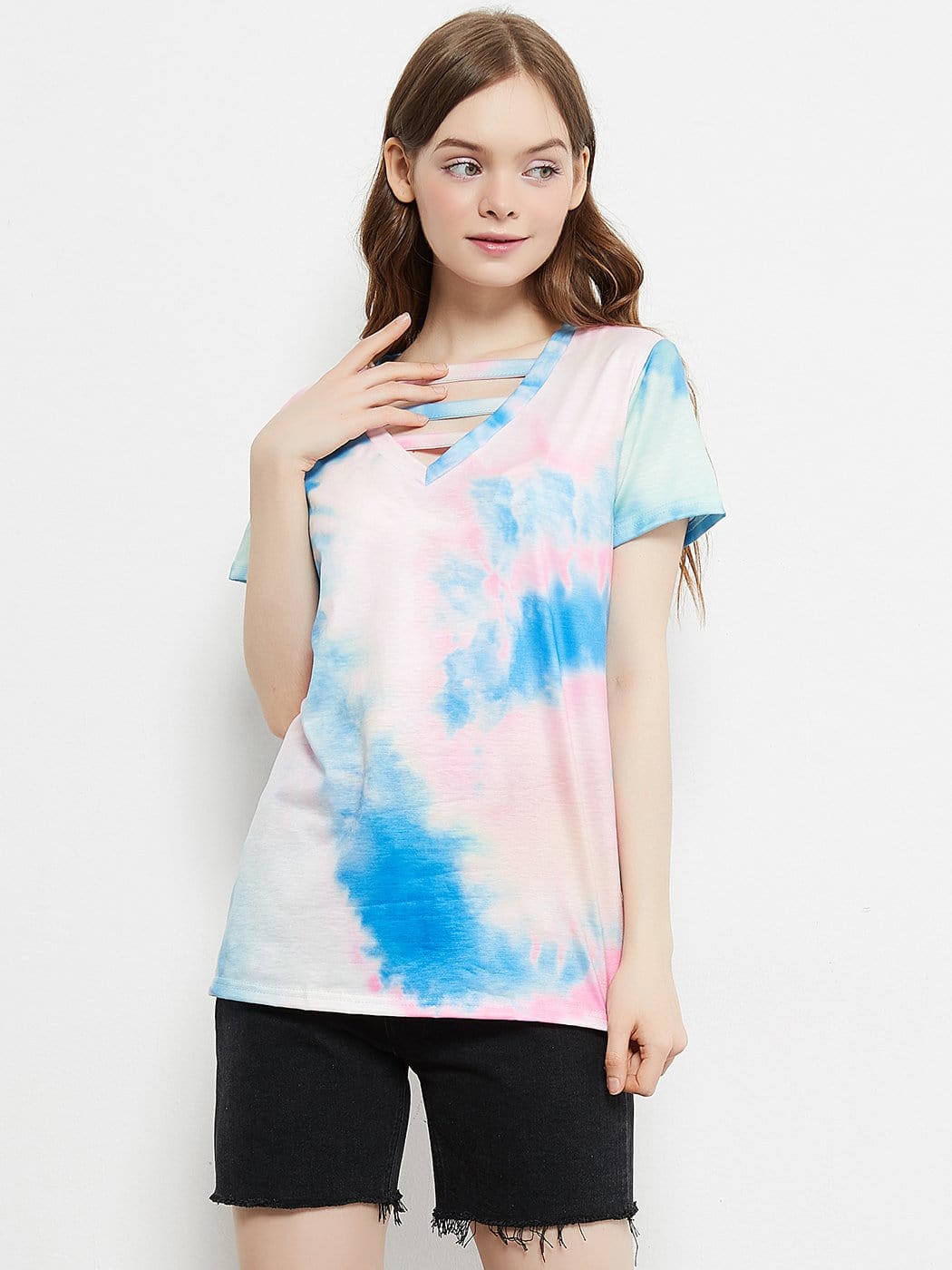 Tie Dye Printed Stripe V-Neck Stretch Short Sleeve Casual Loose Tops T-shirts