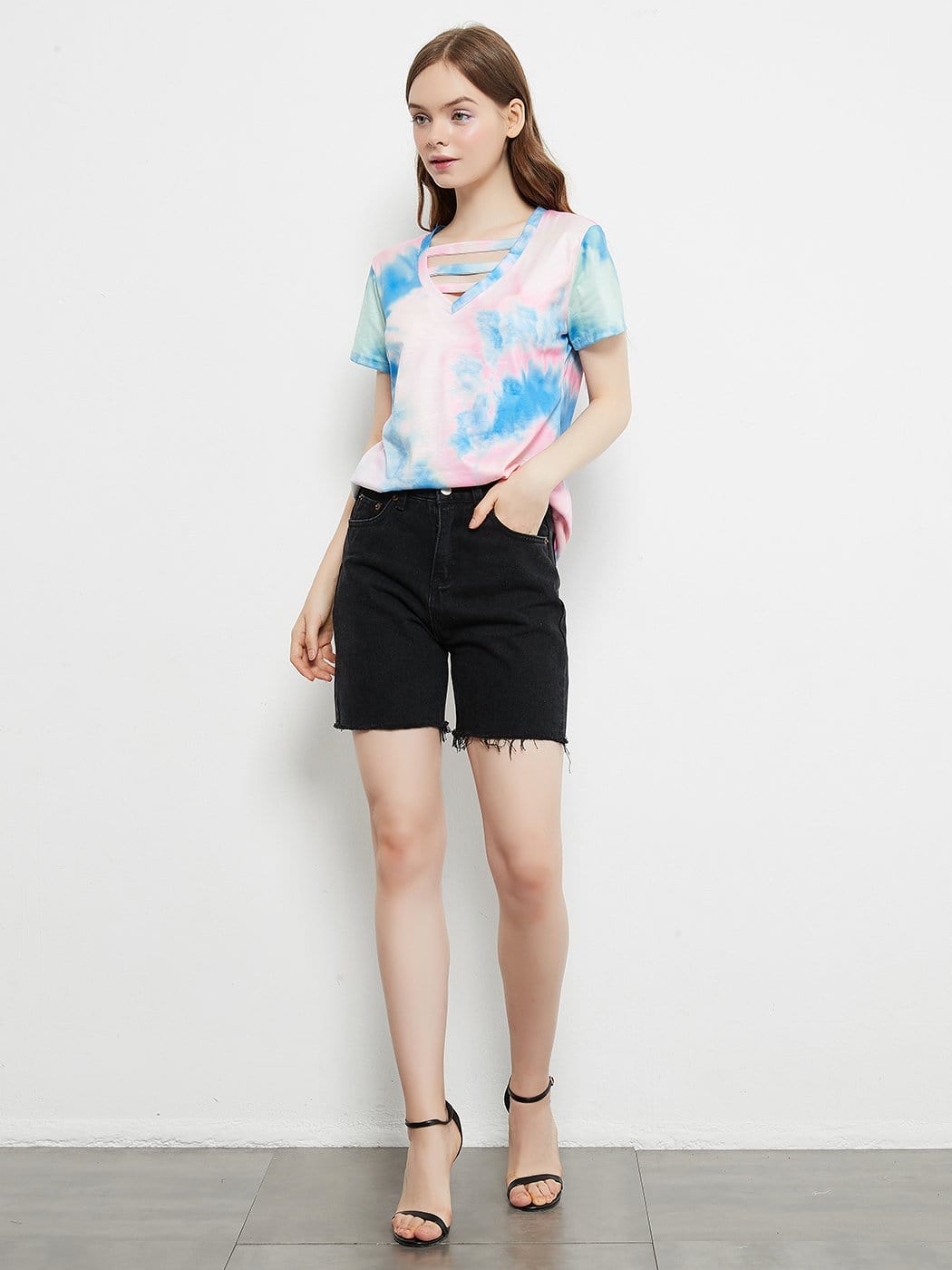 Tie Dye Printed Stripe V-Neck Stretch Short Sleeve Casual Loose Tops T-shirts