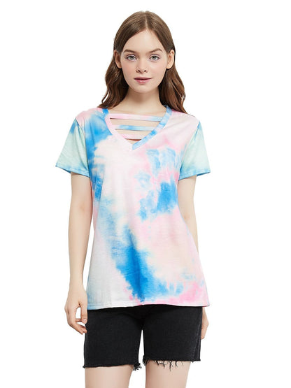 Tie Dye Printed Stripe V-Neck Stretch Short Sleeve Casual Loose Tops T-shirts