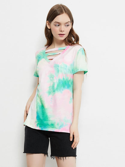 Tie Dye Printed Stripe V-Neck Stretch Short Sleeve Casual Loose Tops T-shirts