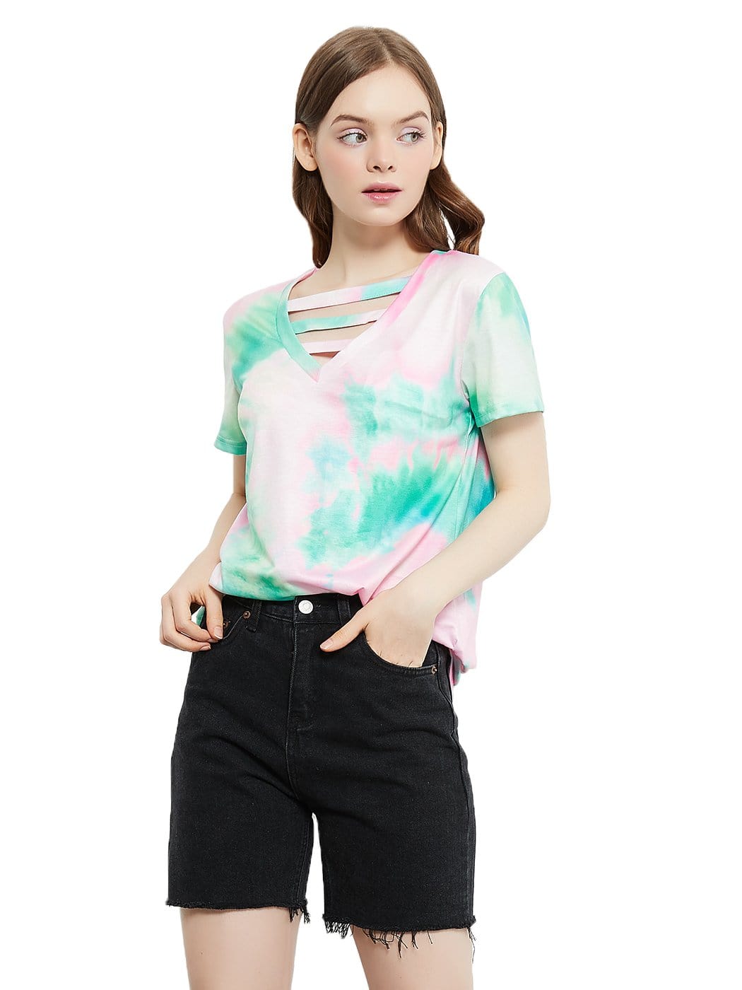 Tie Dye Printed Stripe V-Neck Stretch Short Sleeve Casual Loose Tops T-shirts