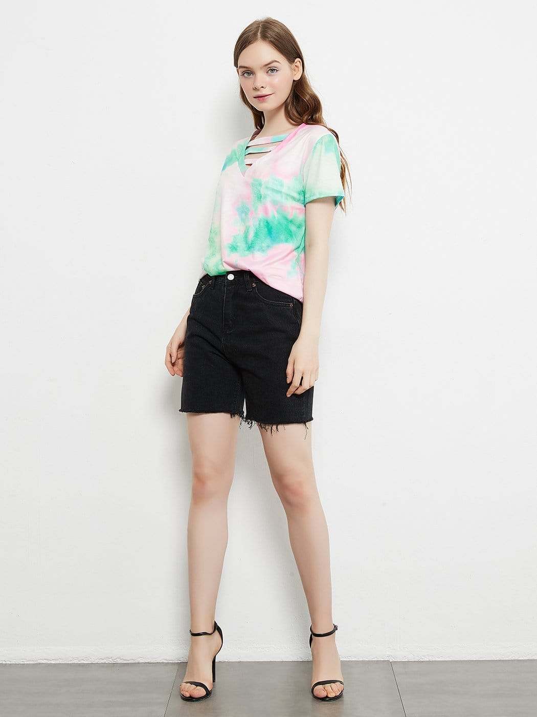 Tie Dye Printed Stripe V-Neck Stretch Short Sleeve Casual Loose Tops T-shirts