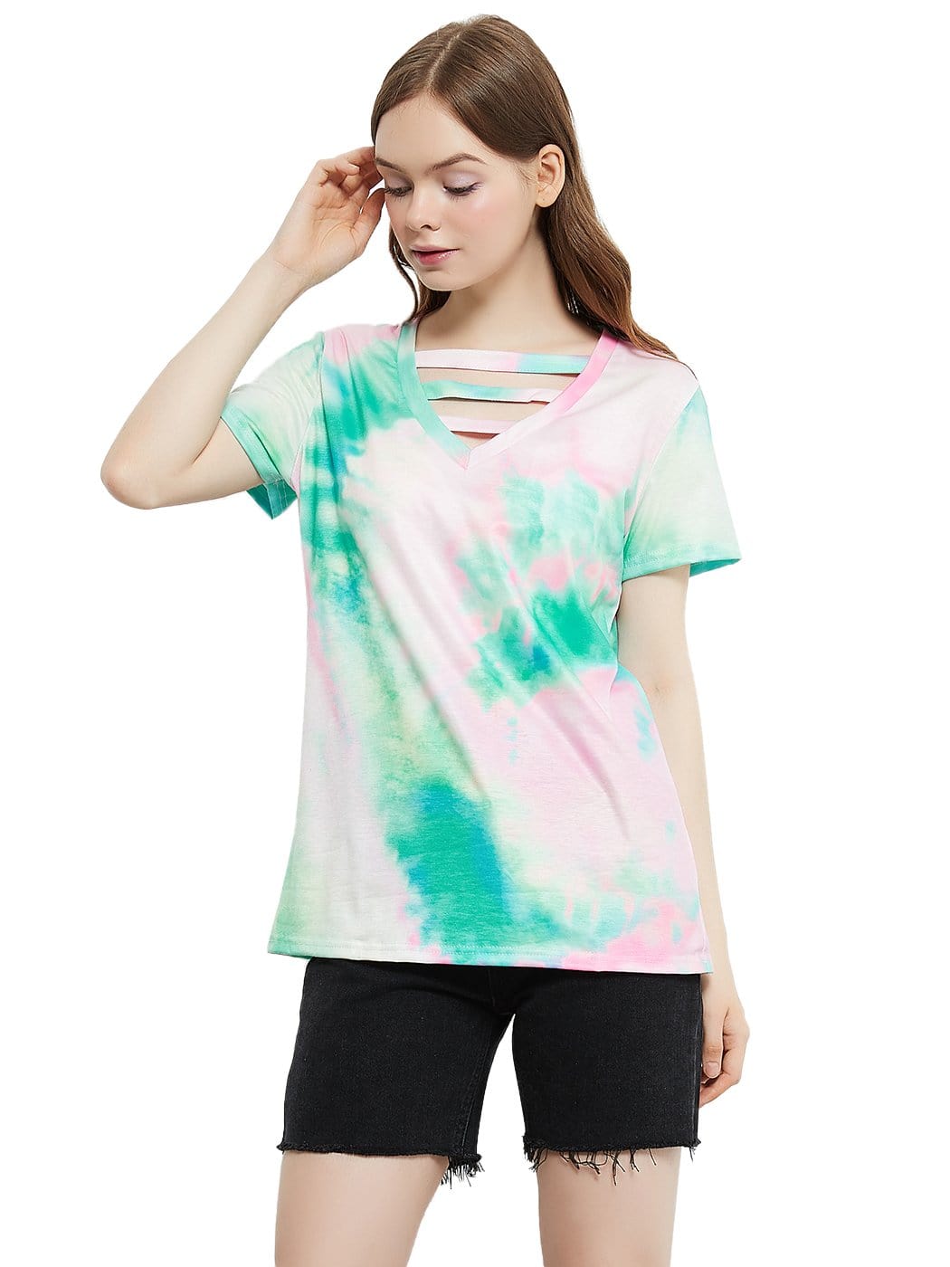 Tie Dye Printed Stripe V-Neck Stretch Short Sleeve Casual Loose Tops T-shirts