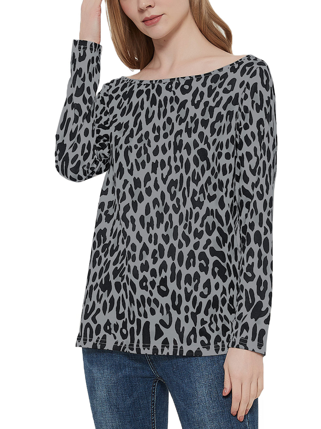 Blusa informal de manga larga con cuello redondo y estampado de leopardo de Anna-Kaci