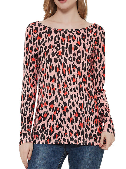 Blusa informal de manga larga con cuello redondo y estampado de leopardo de Anna-Kaci