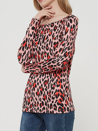 Blusa informal de manga larga con cuello redondo y estampado de leopardo de Anna-Kaci