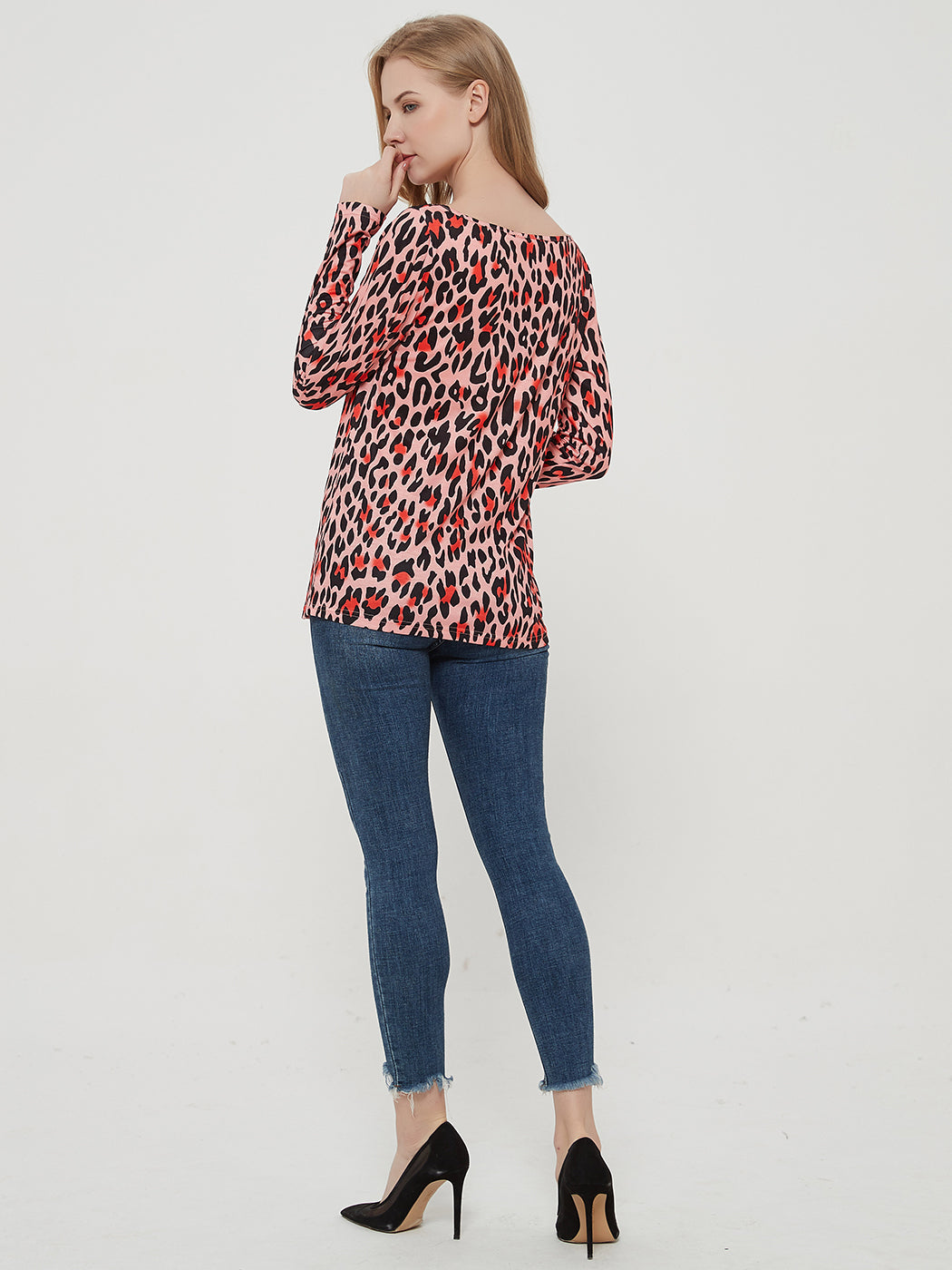 Blusa informal de manga larga con cuello redondo y estampado de leopardo de Anna-Kaci