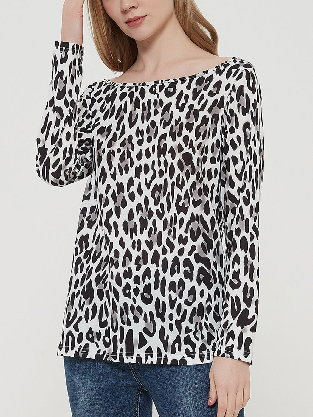 Blusa informal de manga larga con cuello redondo y estampado de leopardo de Anna-Kaci