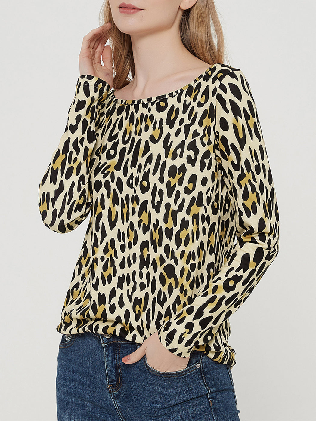 Blusa informal de manga larga con cuello redondo y estampado de leopardo de Anna-Kaci