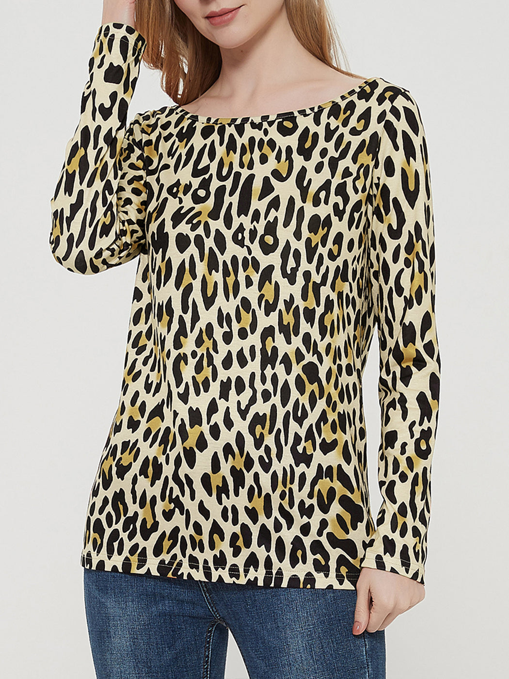 Blusa informal de manga larga con cuello redondo y estampado de leopardo de Anna-Kaci