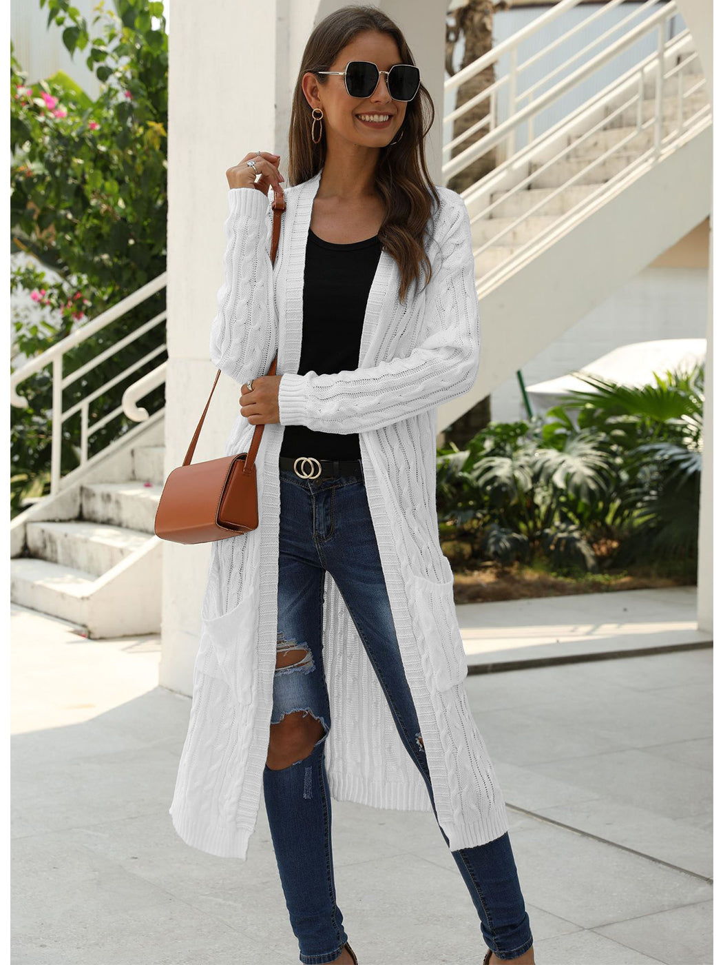 Knitted Long Sleeve Cardigan Sweater Open Front Chunky Knit for 
