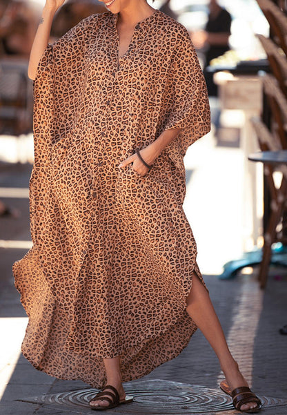 Chiffon Leopard Turkish Kaftan Pockets Swimwear Bikini Cover Up Maxi Dress