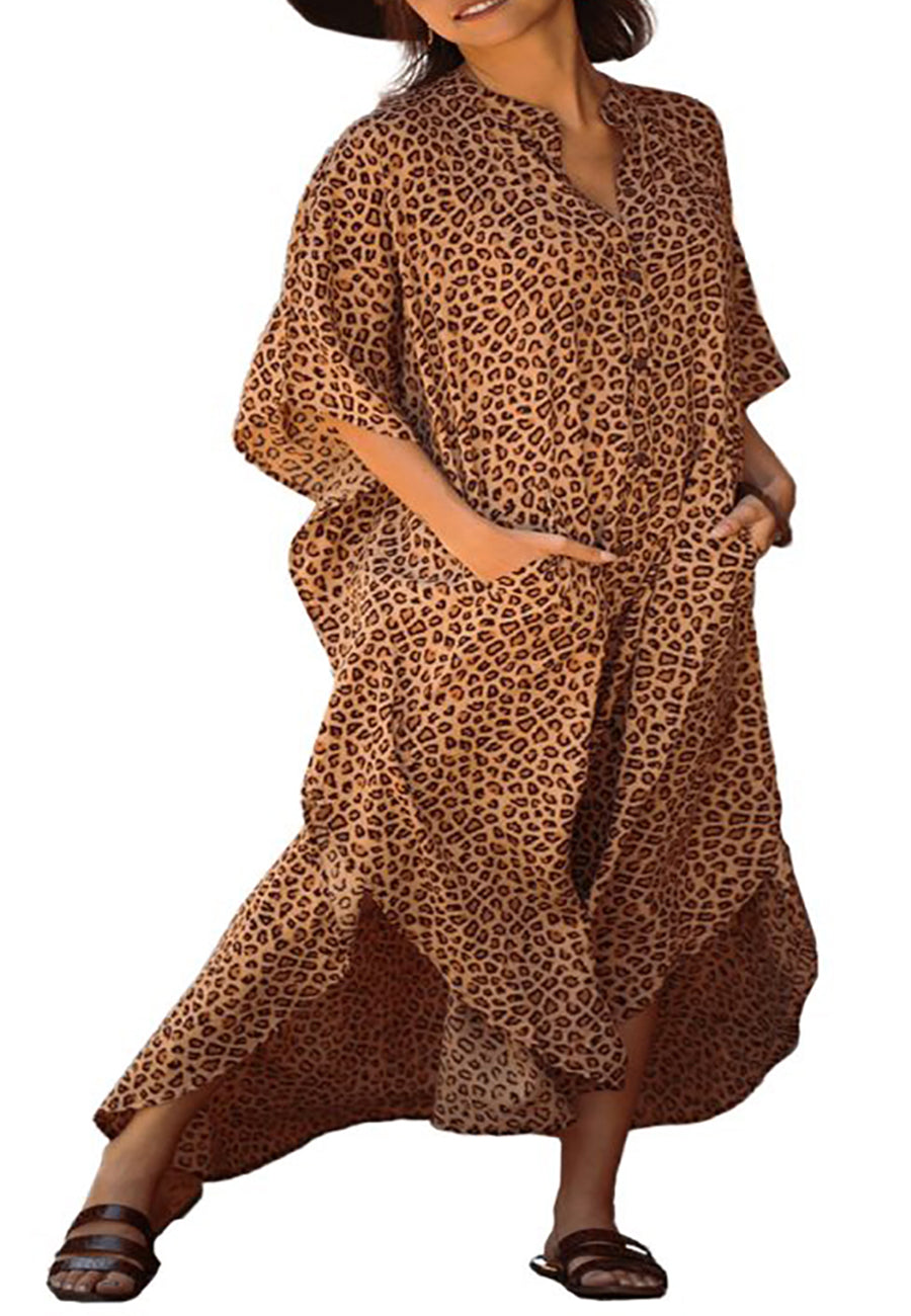 Chiffon Leopard Turkish Kaftan Pockets Swimwear Bikini Cover Up Maxi Dress