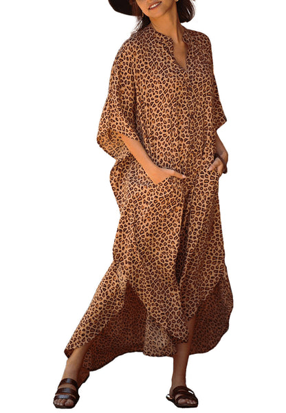 Chiffon Leopard Turkish Kaftan Pockets Swimwear Bikini Cover Up Maxi Dress