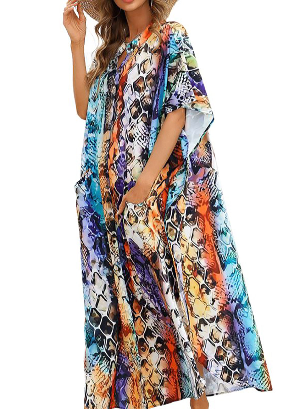 Chiffon Leopard Turkish Kaftan Pockets Swimwear Bikini Cover Up Maxi Dress