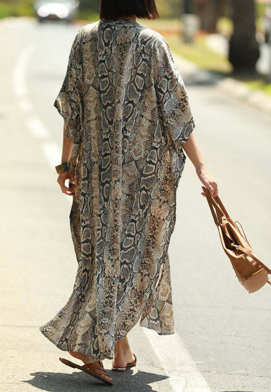 Chiffon Leopard Turkish Kaftan Pockets Swimwear Bikini Cover Up Maxi Dress