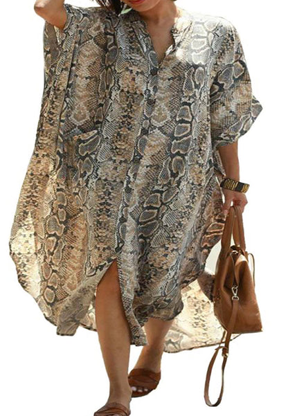 Chiffon Leopard Turkish Kaftan Pockets Swimwear Bikini Cover Up Maxi Dress