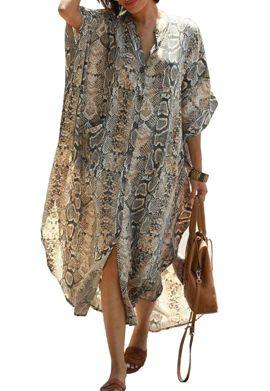 Chiffon Leopard Turkish Kaftan Pockets Swimwear Bikini Cover Up Maxi Dress